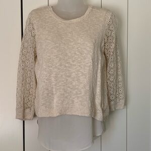 Lucky A brand cream knit top with gauze shirt tail and pretty sleeves S